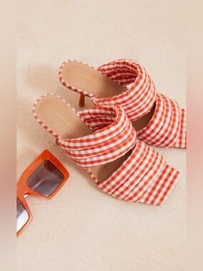 Prettylittlething Orange Gingham Square Toe Kitten Heels